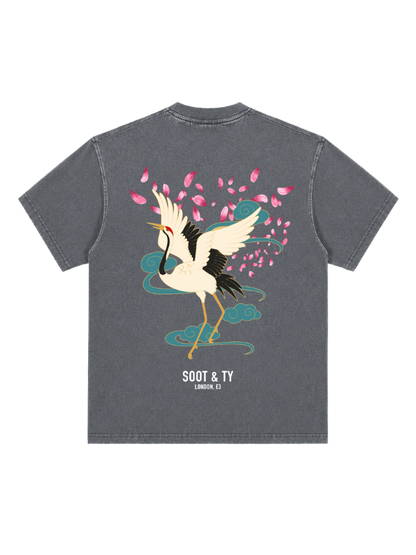 Dancing Crane Graphic Stonewash Oversize Fit T-Shirt