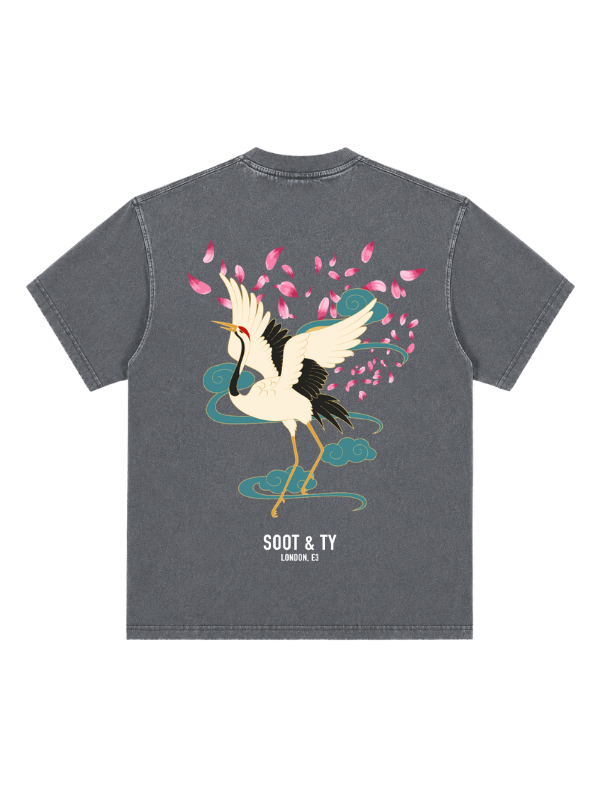 Dancing Crane Graphic Stonewash Oversize Fit T-Shirt