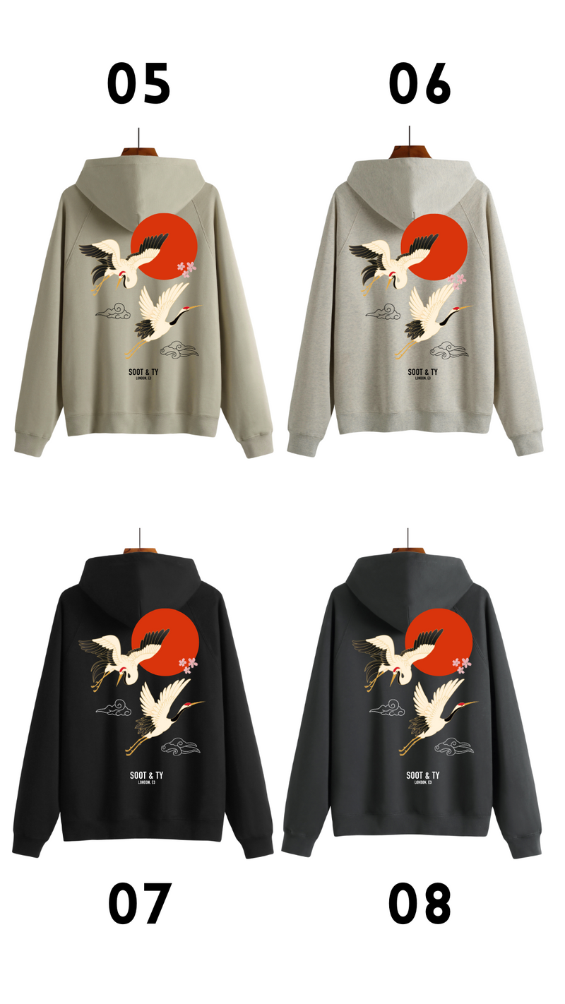 Soot and Ty Reflective Flying Crane Print Relaxed Fit Hoodie