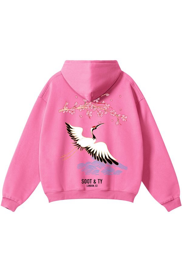 Soot and Ty Reflective Pretty Crane Print Relaxed Fit Pink Hoodie