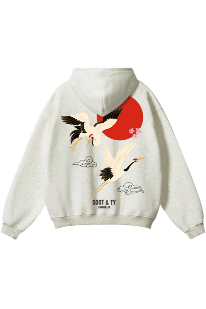 Soot and Ty Reflective Flying Crane Print Relaxed Fit Beige Hoodie
