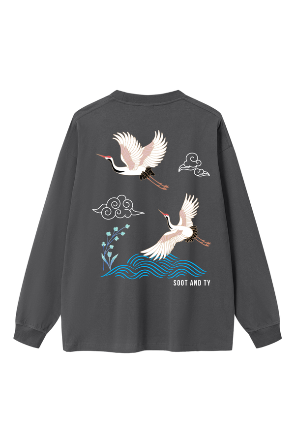 Crane Wave Oversize Long T-Shirt Grey