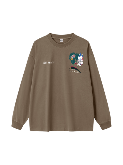 Geisha Mask Graphic Oversized Long T-Shirt
