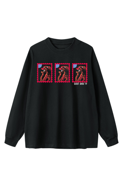 Red Tiger Stamp Oversize Long T-Shirt Black