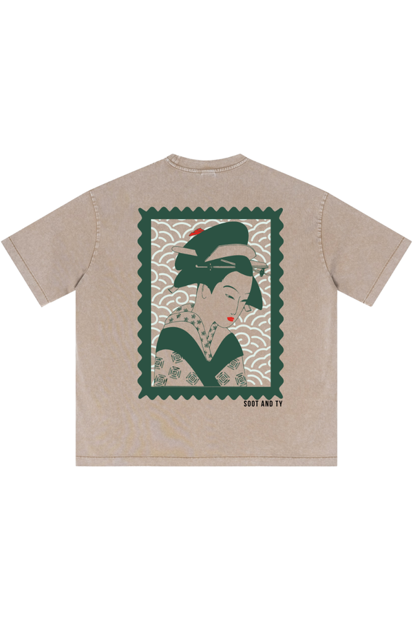 Beige Stonewash Geisha Stamp Oversize Fit T-Shirt