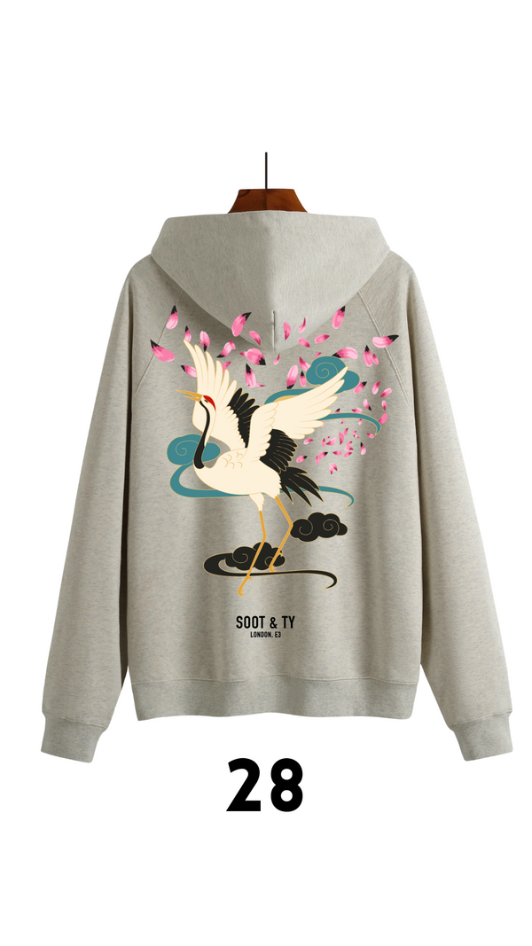 Soot and Ty Reflective Dancing Crane Print Relaxed Fit Hoodie