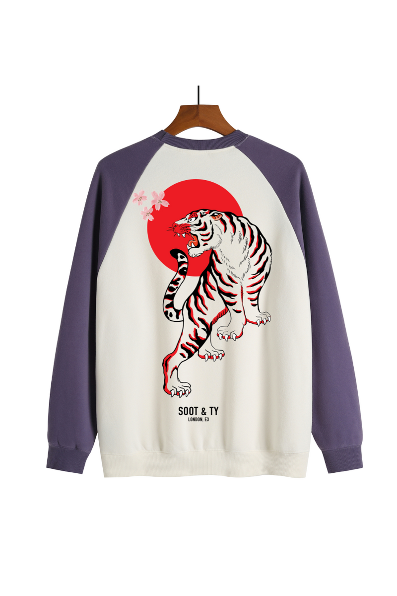 Soot and Ty Reflective Tiger Print Raglan Sweatshirt Purple