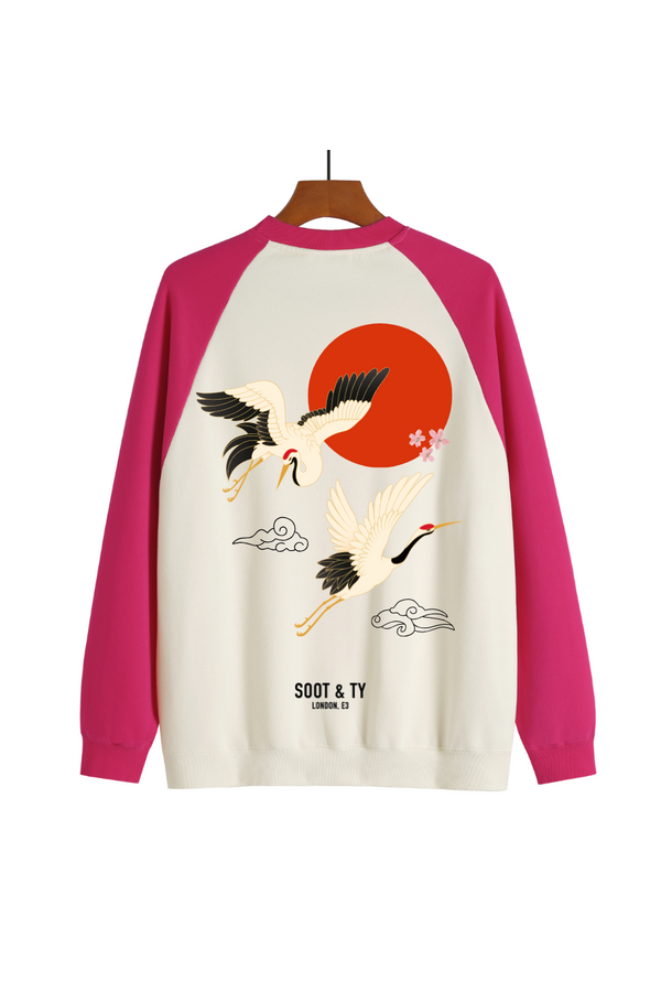 Soot and Ty Reflective Flying Crane Print Raglan Sweatshirt Pink