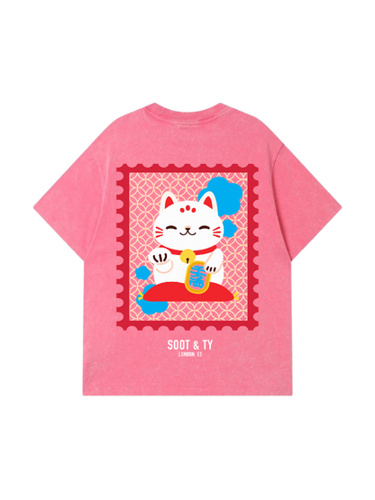 Lucky Cat Stonewash Graphic Relaxed Fit T-Shirt