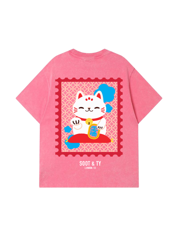 Lucky Cat Stonewash Graphic Relaxed Fit T-Shirt