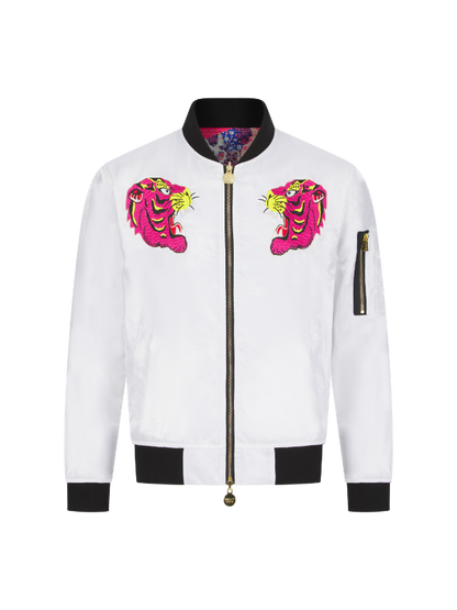 White Lumiere Tiger Sukajan Reversible Bomber Jacket