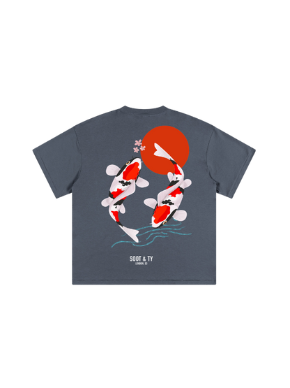 Gray t-shirt with koi fish design on a white background