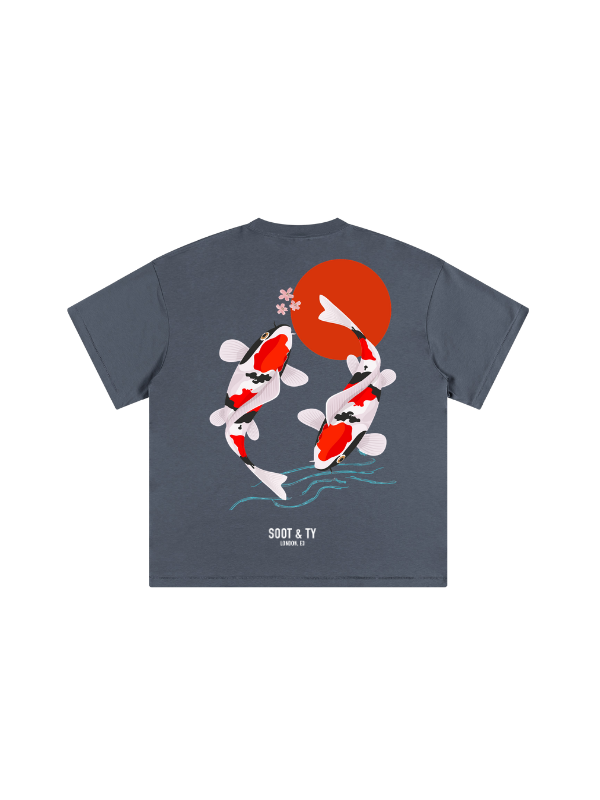 Gray t-shirt with koi fish design on a white background