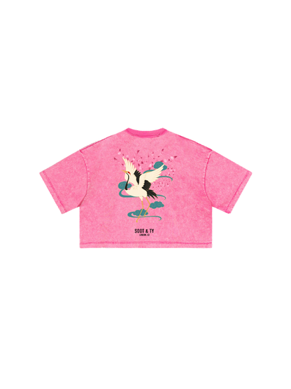 Kids/Petite Dancing Crane Print Crop T-Shirt