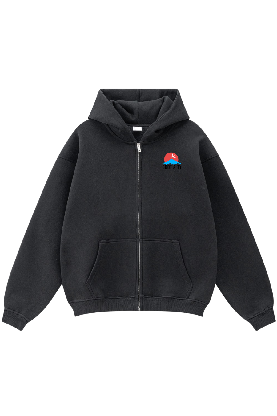 Black hoodie with a colorful logo on a white background
