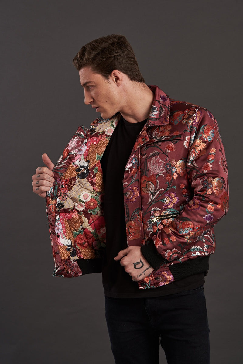 mens bomber jacket floral jacquard quilted short jacket