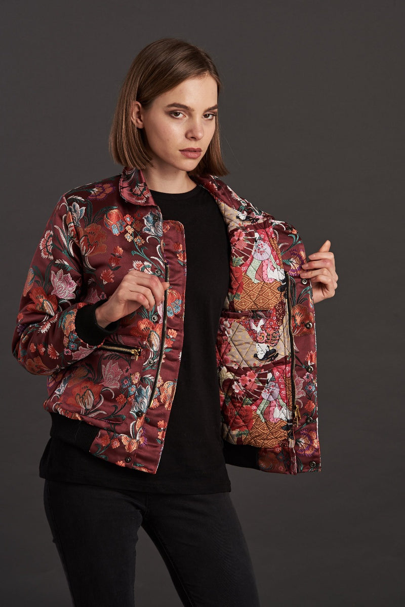 floral jacquard quilted short jacket for women