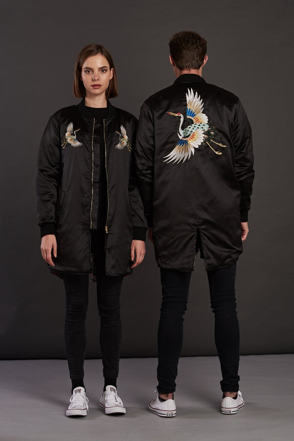 longline crane embroidered bomber jacket for men and women