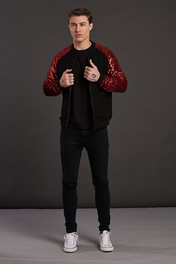 statement red sequin bomber jacket for women