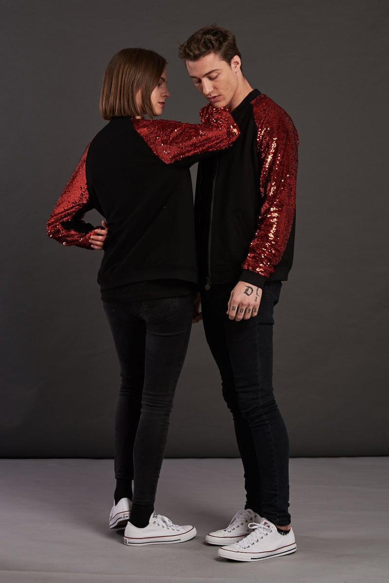 statement red sequin bomber jacket for men and women