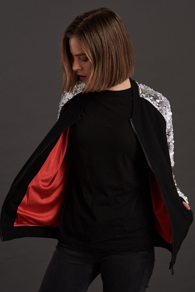 Statement Silver Sequin bomber jacket for women