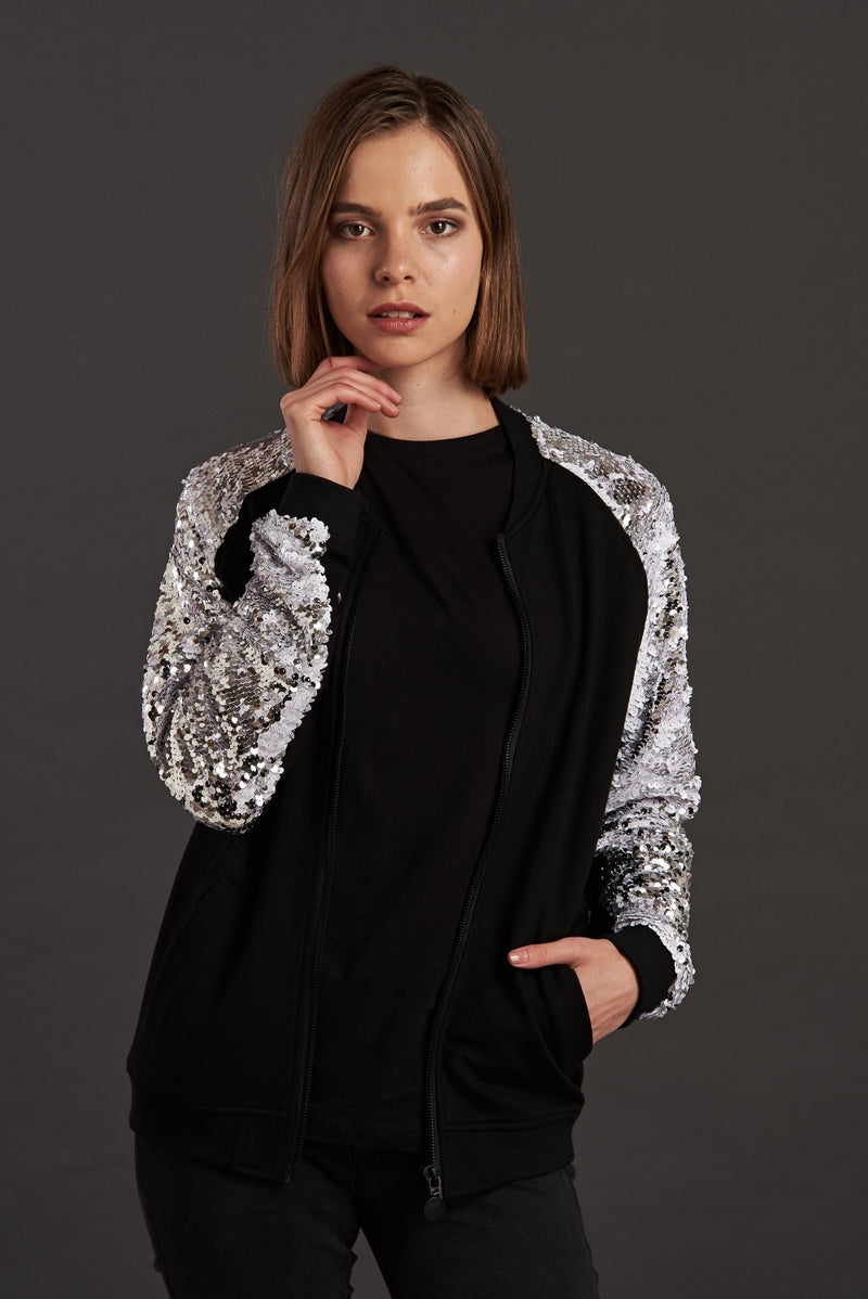 Statement Silver Sequin bomber jacket for women