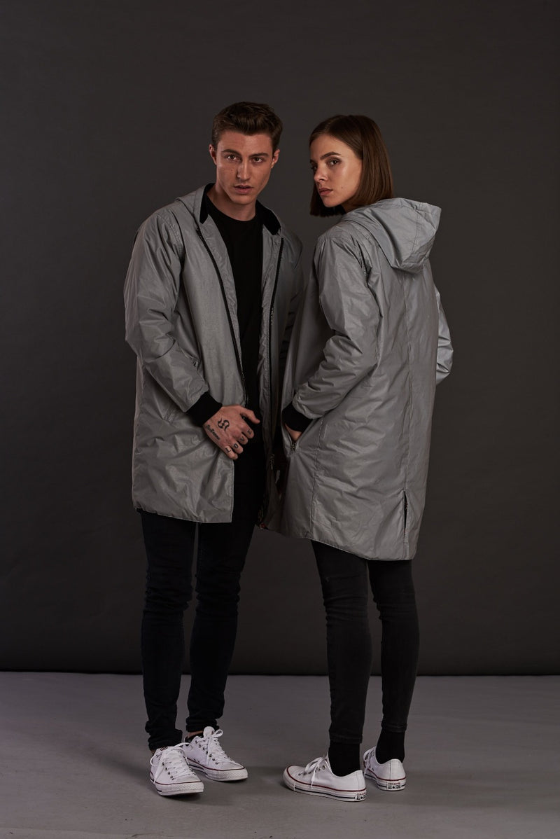 Reflective Longline bomber Jacket with hoodie for men and women
