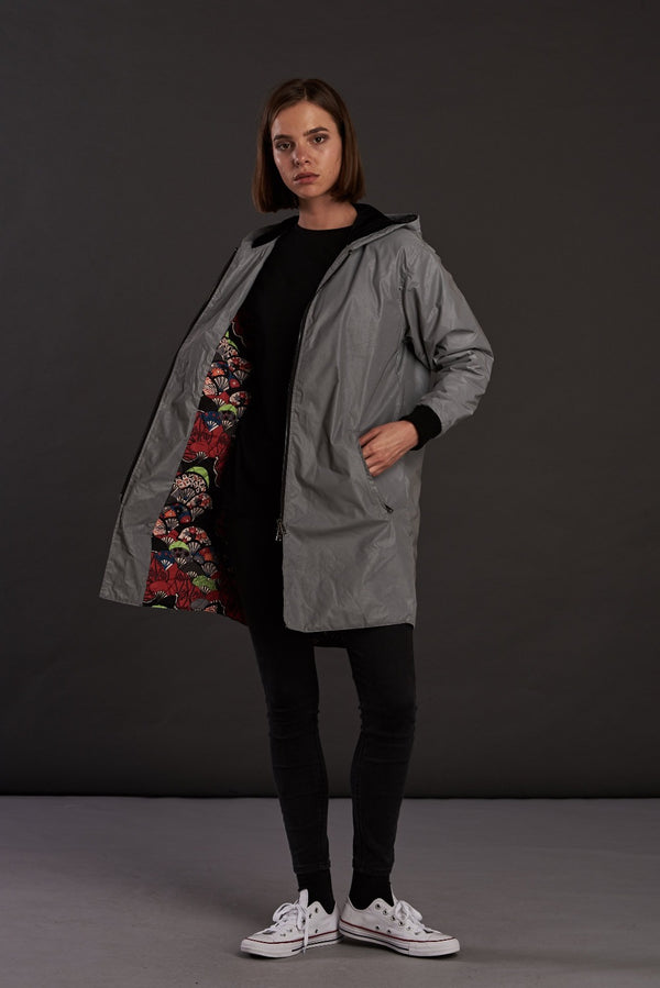 Reflective Longline bomber Jacket with hoodie for women
