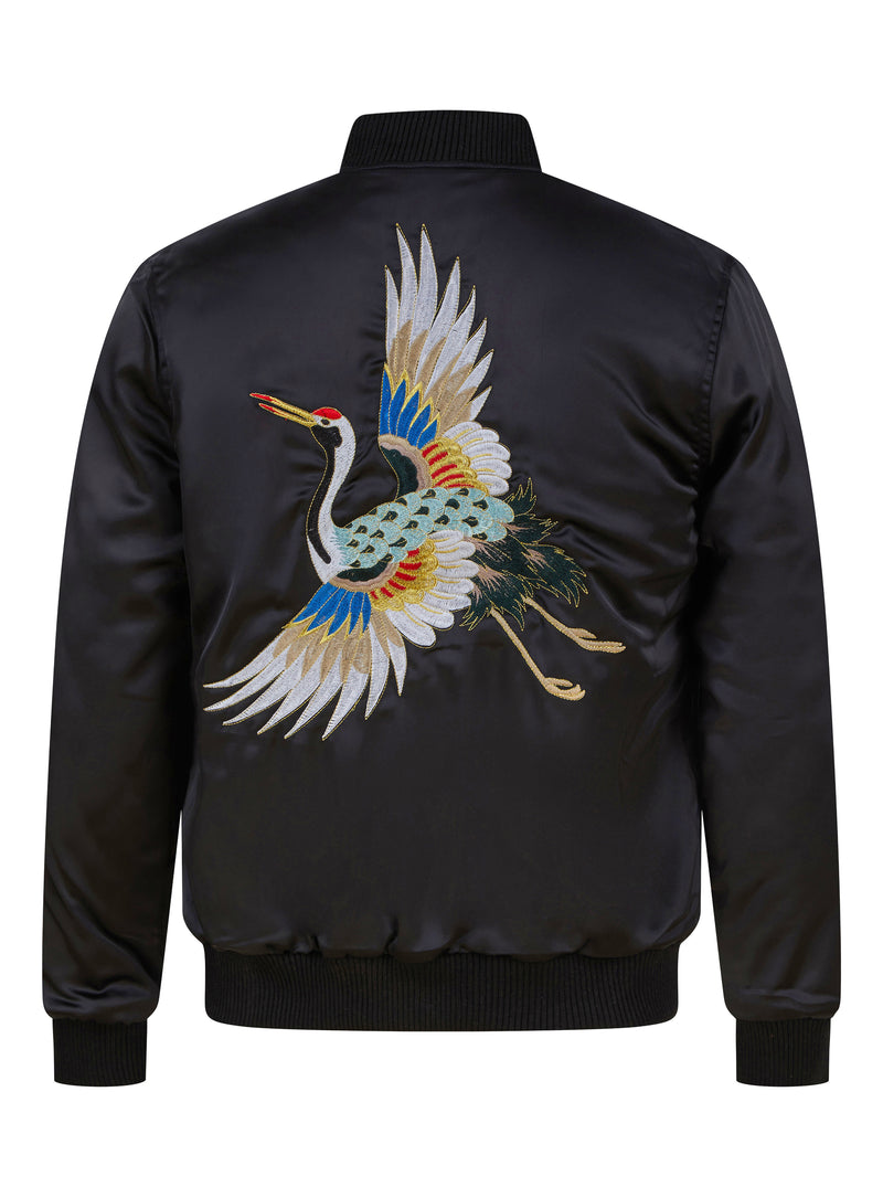 Soot and Ty Reversible Black Crane Quilted Sukajan Bomber Jacket