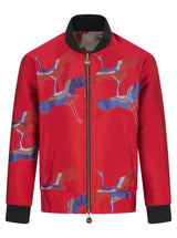 Soot and Ty Red 2 Crane Jacquard Reversible Statement Bomber Jacket