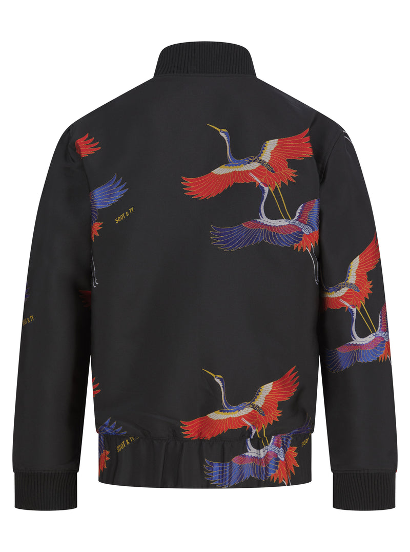 Soot and Ty Black Reversible Jacquard Crane Unisex Bomber Jacket