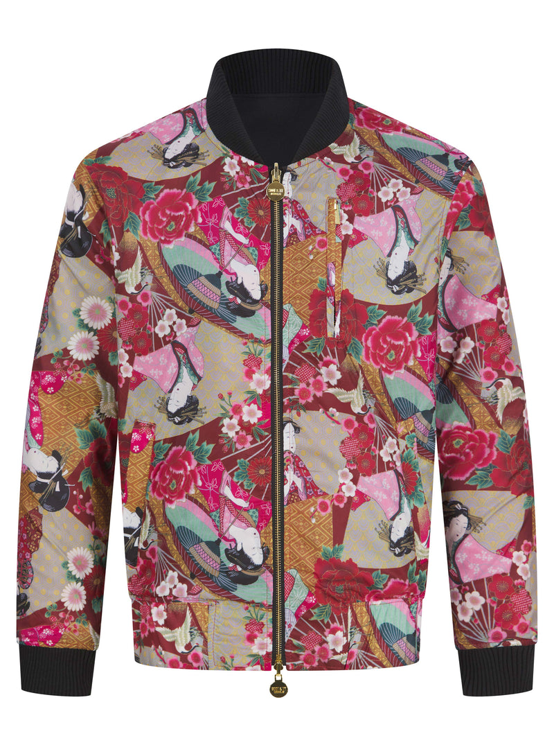 Soot and Ty Black Reversible Jacquard Crane Unisex Bomber Jacket