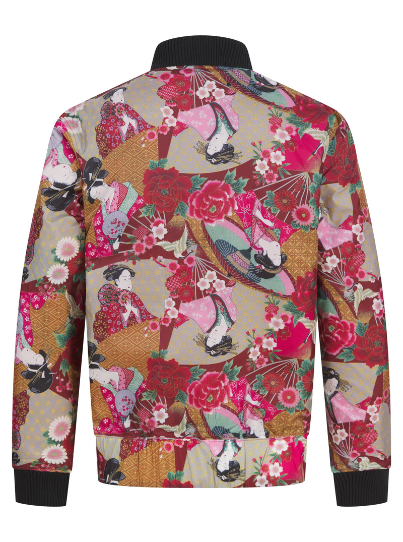 Soot and Ty Black Reversible Jacquard Crane Unisex Bomber Jacket