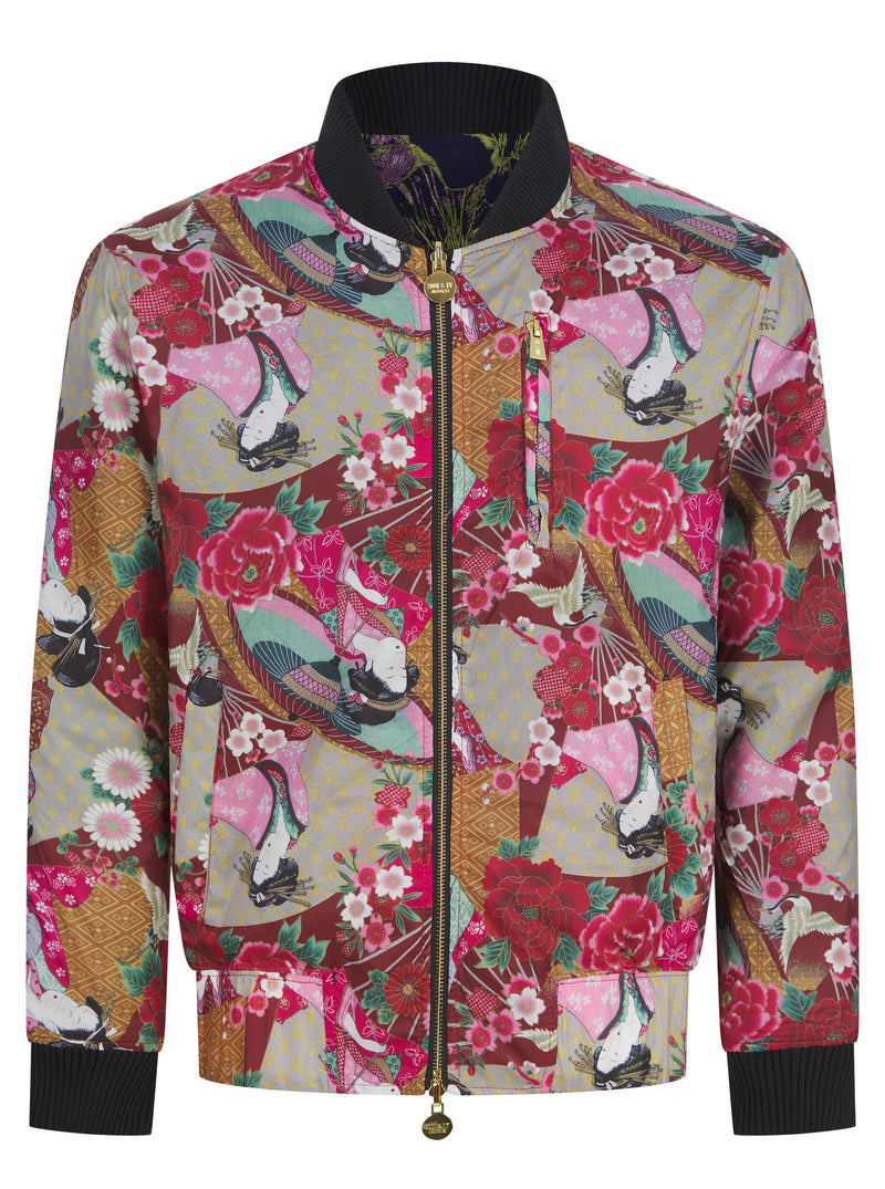 Soot and Ty Purple Floral Jacquard Reversible Statement Bomber Jacket