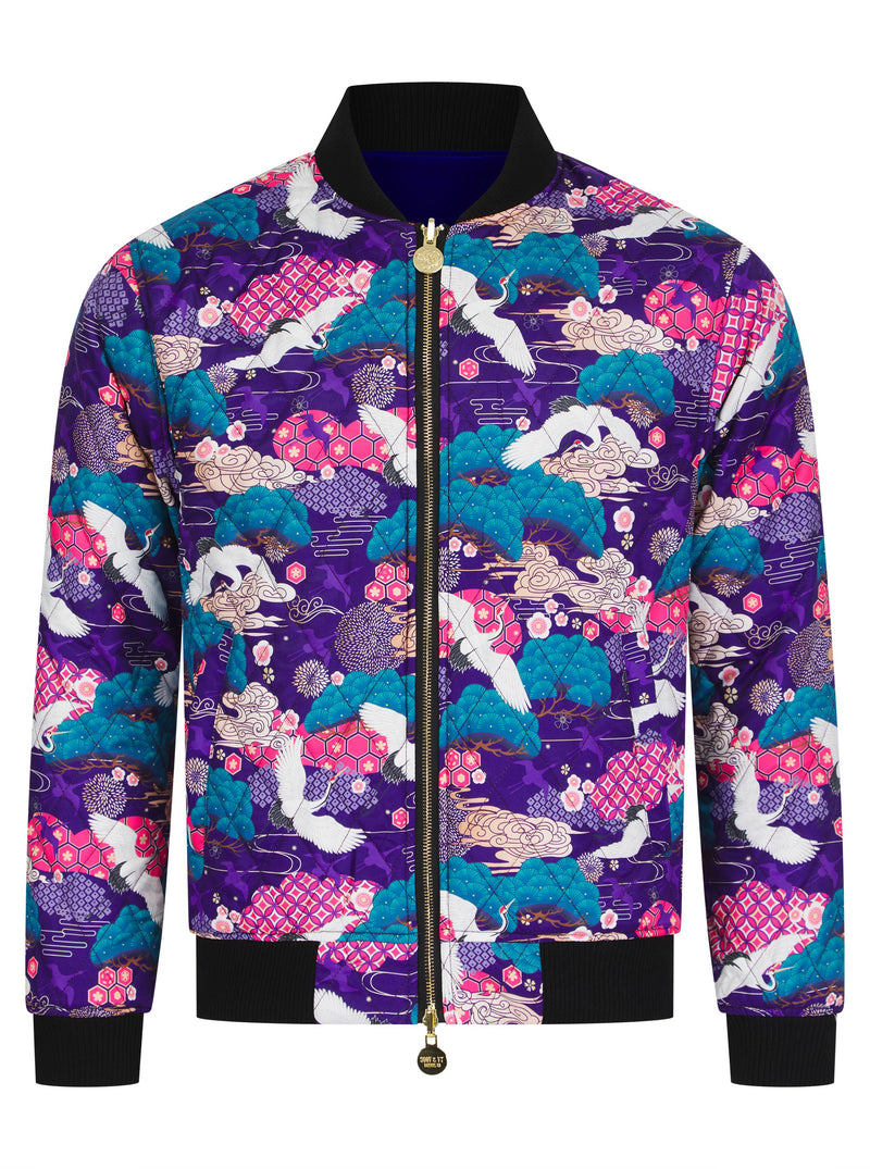 Soot and Ty Electric Blue Velvet Reversible Tiger Sukajan Bomber Jacket