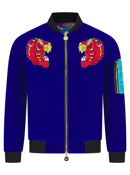 Electric Blue Velvet Reversible Tiger Sukajan Bomber Jacket