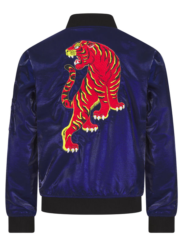 Soot and Ty Midnight Navy Fil Lumiere Reversible Tiger Sukajan Bomber Jacket
