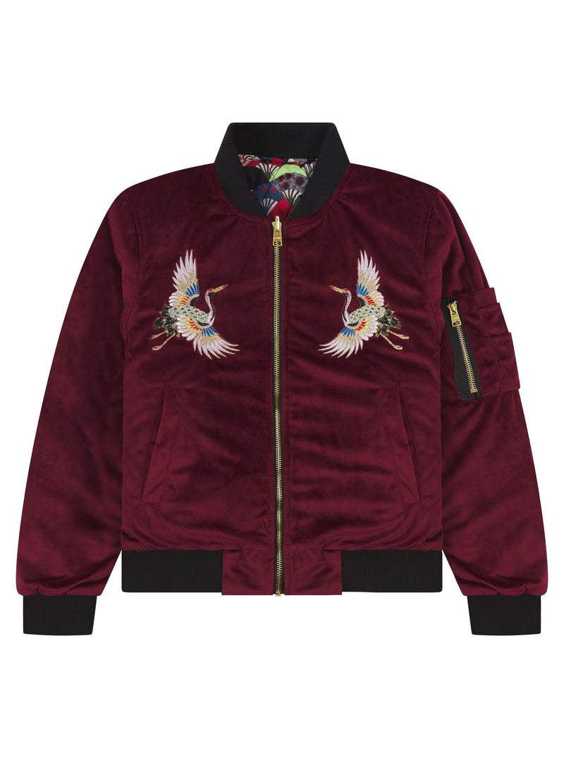 Soot and Ty Kids Velvet Reversible Burgundy Sukajan Bomber Jacket