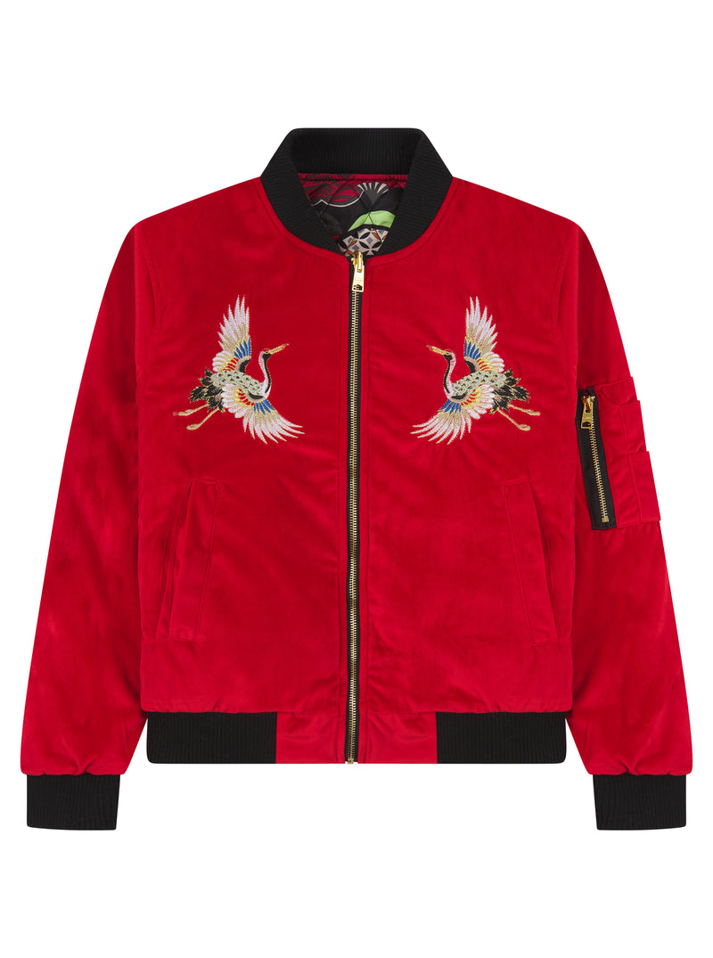 Soot and Ty Kids Velvet Reversible Red Sukajan Bomber Jacket