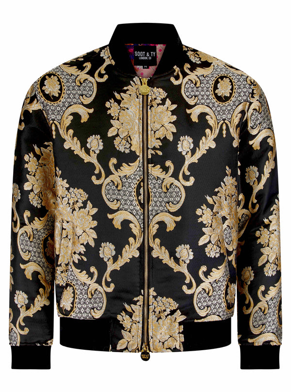 Soot and Ty Black Baroque Jacquard Unisex Bomber Jacket