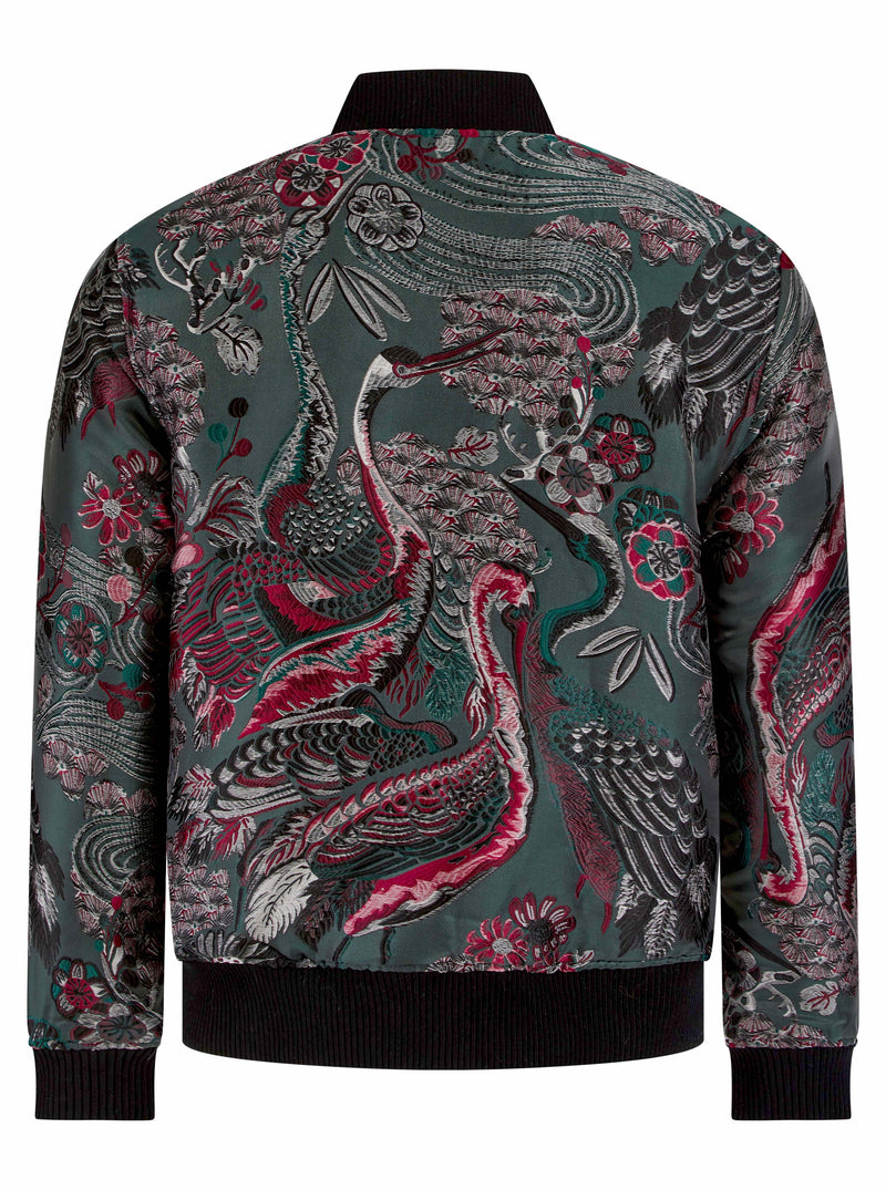 Soot and Ty Grey Crane Stone Garden Jacquard Unisex Bomber Jacket