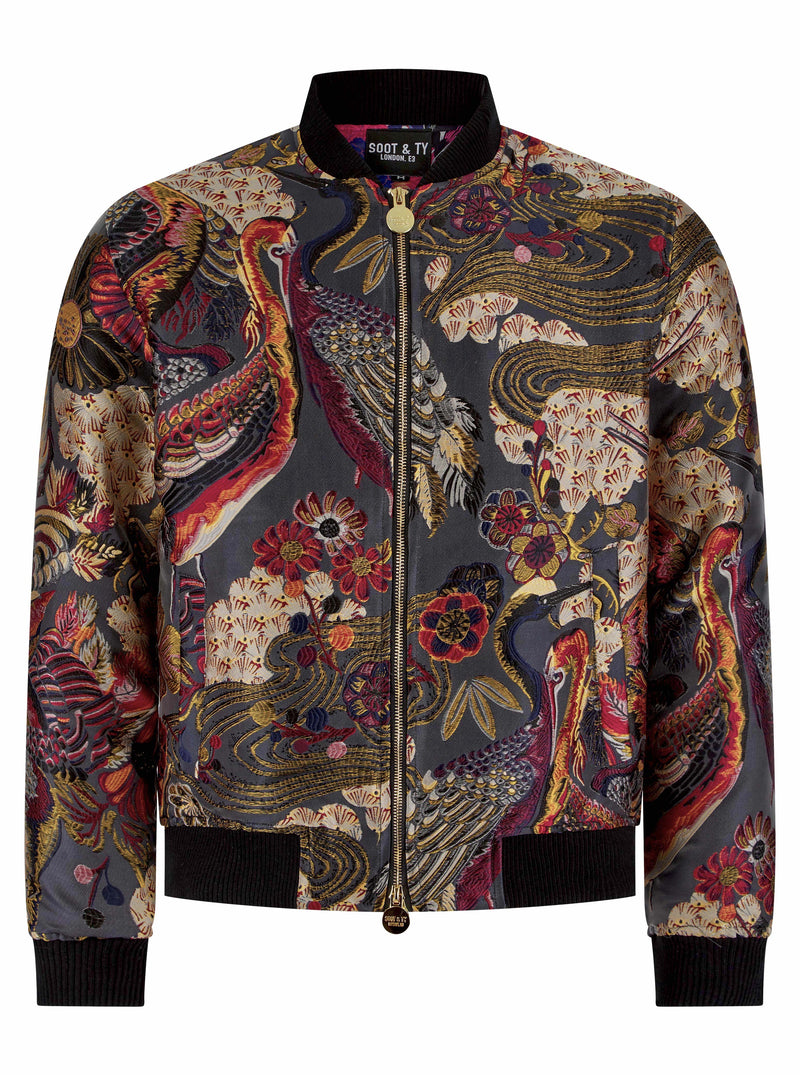Soot and Ty Vivid Crane Garden Jacquard Unisex Bomber Jacket