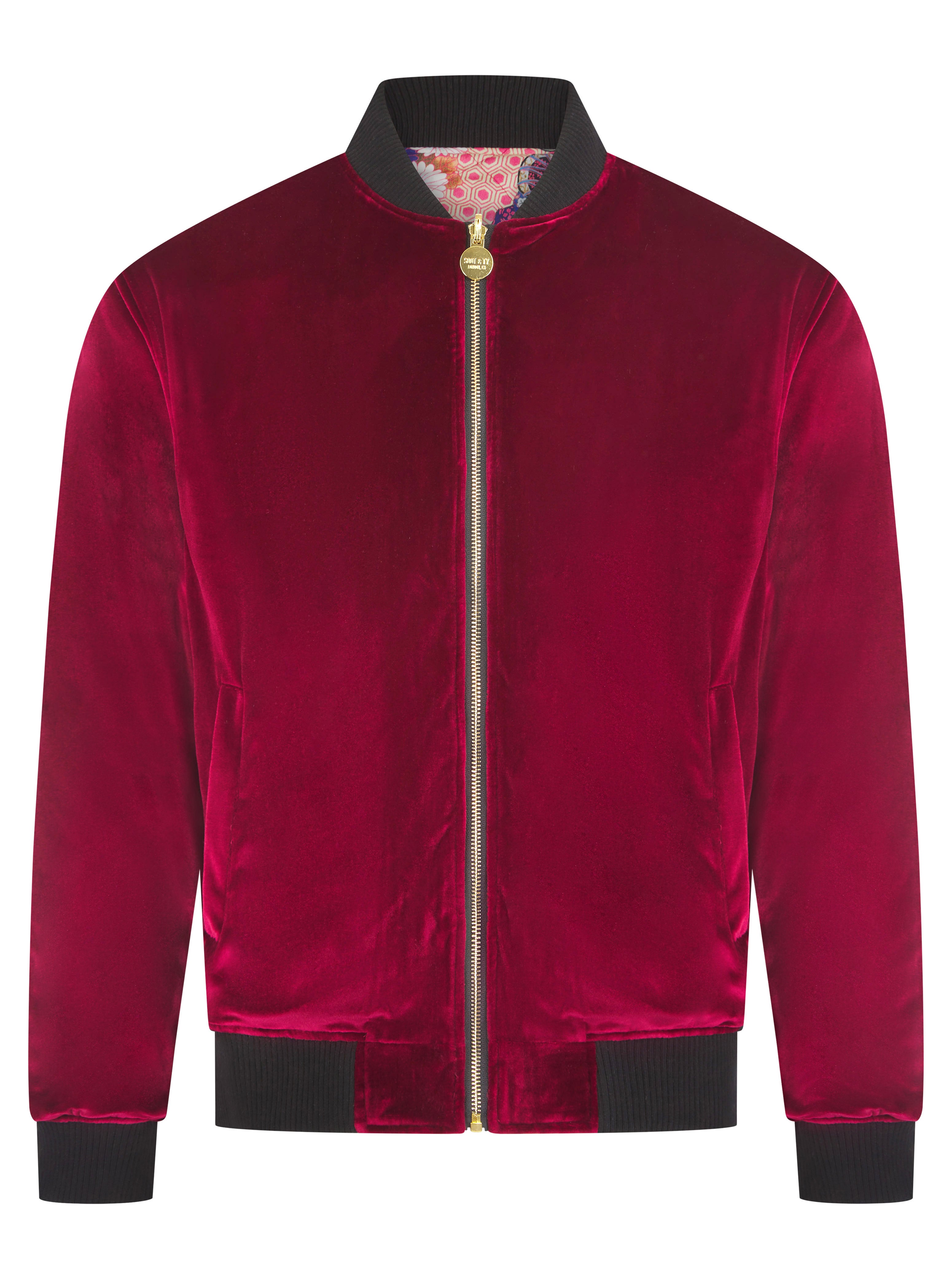 Burgundy Reversible Velvet Quilted Bomber Jacket