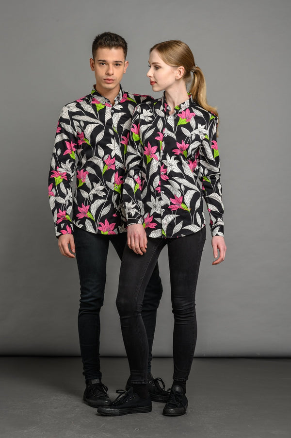 lillies floral print slim fit unisex shirt black