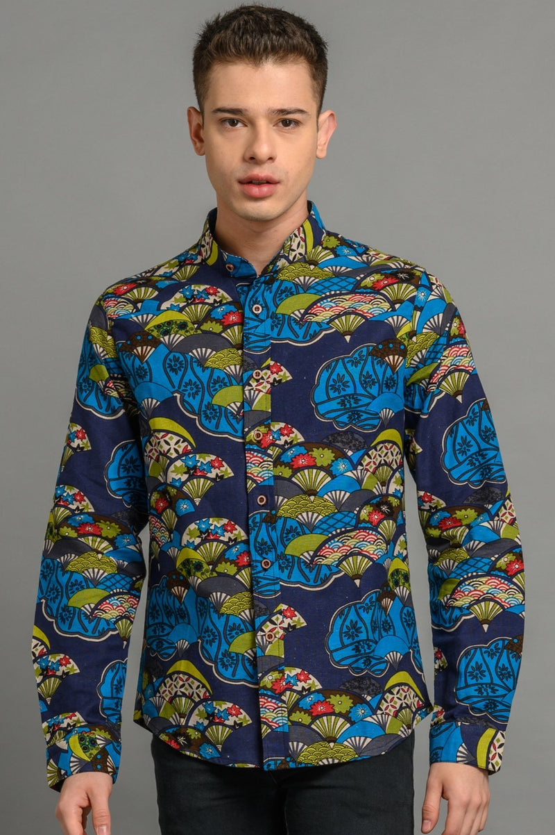 blue fan print slim fit shirt for men