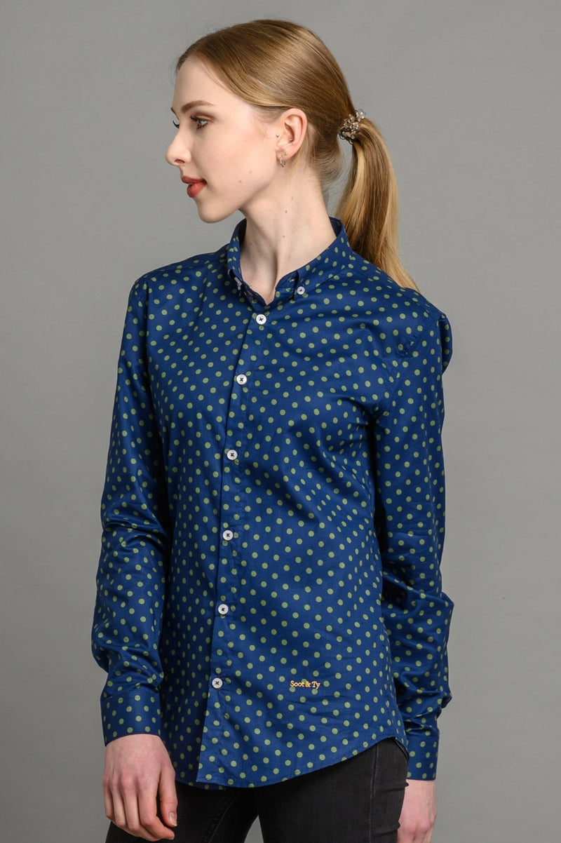 Navy blue polka dot shirt womens outlet