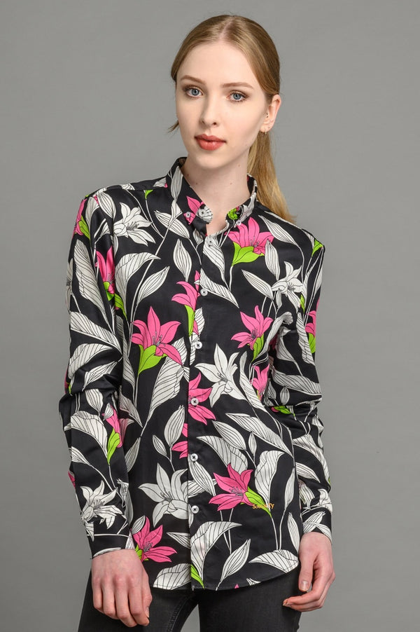 womens lillies floral print slim fit shirt black