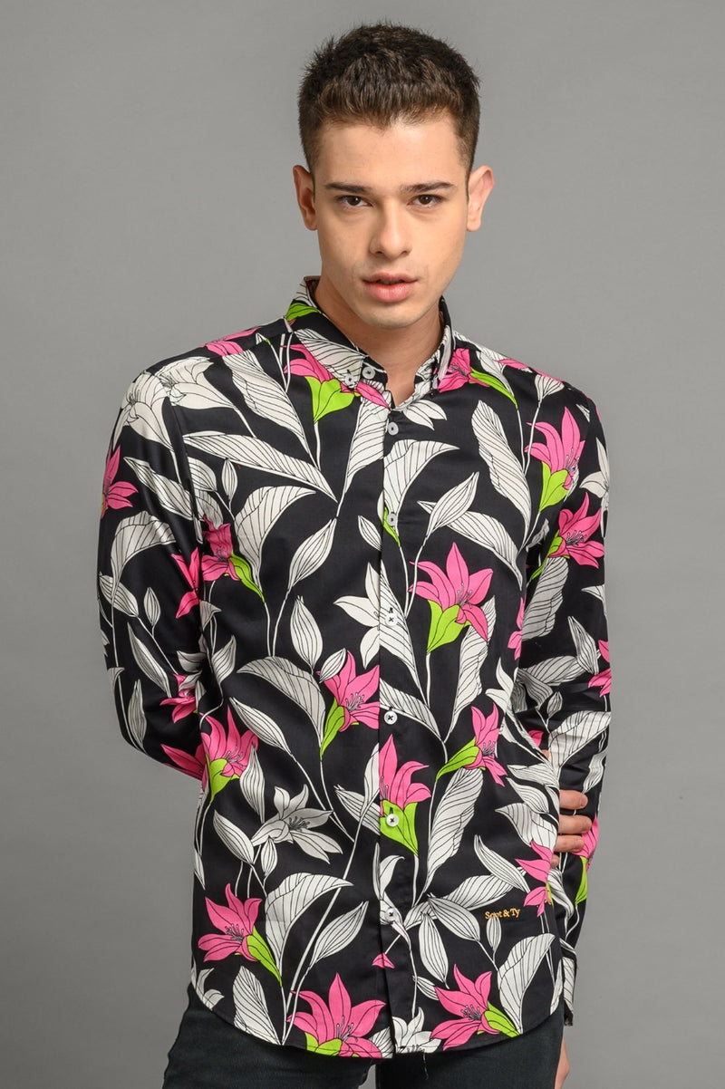 mens statement shirt lillies floral print slim fit shirt black