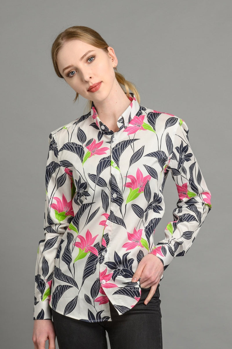 womens Lillies Floral Print Slim Fit Shirt White