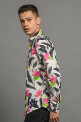 mens lillies floral print slim fit shirt white